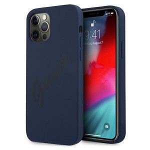 Оригинален гръб GUESS Silicone Vintage Script GUHCP12LLSVSBL - iPhone 12 Pro Max син - Img 1