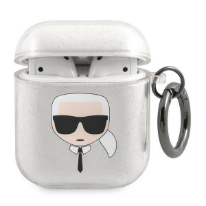 Оригинален калъф за слушалки Karl LAGERFELD Glitter Karl's Head KLA2UKHGS - AirPods 1 / 2 сив - Img 1
