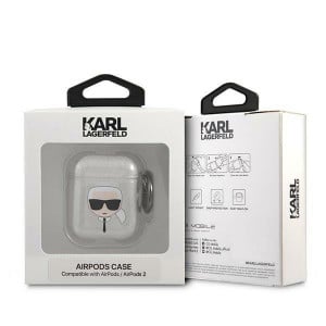 Оригинален калъф за слушалки Karl LAGERFELD Glitter Karl's Head KLA2UKHGS - AirPods 1 / 2 сив - Img 3