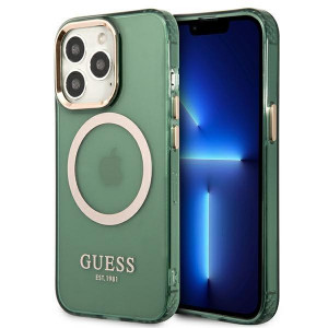 Оригинален полупрозрачен твърд гръб GUESS Gold Outline MagSafe GUHMP13LHTCMA - iPhone 13 Pro зелено каки - Img 1