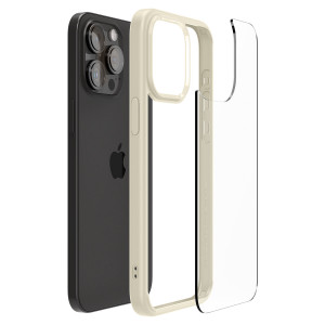Оригинален прозрачен гръб с цветна рамка SPIGEN Crystal Hybrid - iPhone 15 Pro Max бежов - Img 2