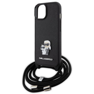Оригинален твърд гръб с презрамка KARL LAGERFELD Saffiano Metal Pin Karl & Choupette - iPhone 15 черен - Img 5