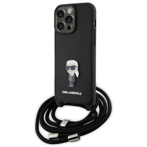 Оригинален твърд гръб с презрамка KARL LAGERFELD Saffiano Monogram Metal Pin Karl & Choupette - iPhone 15 Pro Max черен - Img 1