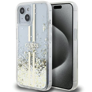 Оригинален твърд гръб GUESS Liquid Glitter Gold Stripes - iPhone 15 Plus / 14 Plus прозрачен - Img 1