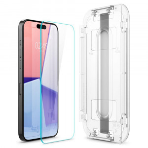 Плосък стъклен протектор SPIGEN TR Ez Fit с инструмент за поставяне - iPhone 15 Pro Max прозрачен - Img 4