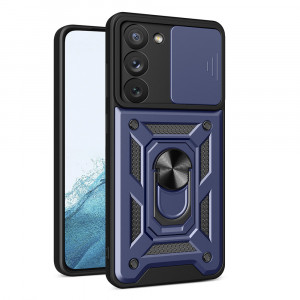 Подсилен гръб Hybrid Armor Camshield с подвижно покритие за камерата и стойка - Samsung Galaxy S23 син - Img 1