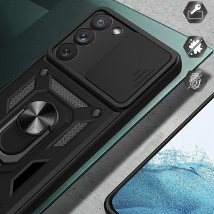 Подсилен гръб Hybrid Armor Camshield с подвижно покритие за камерата и стойка - Samsung Galaxy S23 син - Img 4