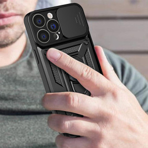 Подсилен гръб Hybrid Armor Camshield с подвижно покритие за камерата и стойка - iPhone 14 Pro черен - Img 4