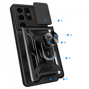 Подсилен гръб Hybrid Armor Camshield с подвижно покритие за камерата и стойка - Samsung Galaxy S24 Ultra черен - Img 2