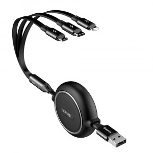 Прибиращ се кабел за зареждане и данни BASEUS Golden Loop 3in1 USB кабел Type A към micro USB / Lightning / USB Type C 3.5A 35cm-10.2m черен (CAMLT-JH01) - Img 2