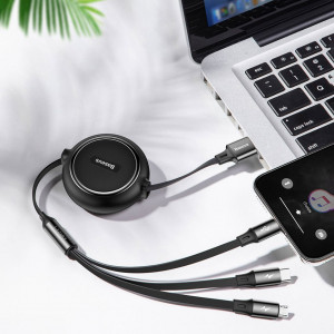 Прибиращ се кабел за зареждане и данни BASEUS Golden Loop 3in1 USB кабел Type A към micro USB / Lightning / USB Type C 3.5A 35cm-10.2m черен (CAMLT-JH01) - Img 15