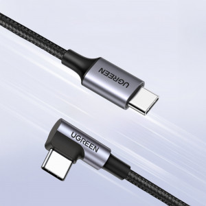 90° кабел за зареждане и данни с оплетка UGREEN US255 USB Type C към USB Type C 2.0 CM/M алуминиева обвивка с никелово покритие 0.5m сив / черен - Img 2