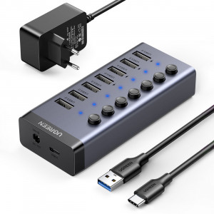 USB хъб UGREEN 7в1 USB Type C към 7x USB Type A 3.0 PD DC 12V (CM481) сив - Img 1