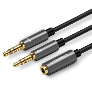Аудио сплитер UGREEN 2x жак 3.5mm (мъжко за микрофон и слушалки) към жак 3.5mm (женско) 0.2m черен (AV140 20899) - Img 1
