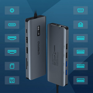 Докинг станция с дисплей CHOETECH 12в1 USB Type C към USB Type C / USB Type A / HDMI / VGA / мини жак 3.5mm / четец за SD и Micro SD карти (HUB-M26) сива - Img 9