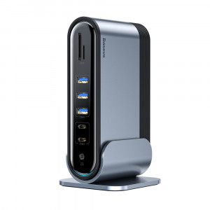Докинг станция BASEUS 3x USB Type A 3.2 Gen.1 / 2x USB Type A 2.0 / 2x USB Type C / четец за SD и Micro SD карти / мини жак 3.5mm / 3x HDMI / RJ45 1Gbps / USB Tyype C Power Delivery 100W (EU / CN / UK стандарт) (CAHUB-DG0G) сива - Img 2