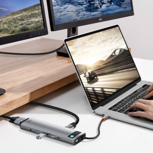 Докинг станция BASEUS Metal Gleam 11в1 USB Type C към 3x USB Type A 3.2 Gen.1 5Gbps / USB Type C Power Delivery 100W / мини жак 3.5mm / VGA Full HD 60Hz / 2x HDMI 4K 30Hz / четец за SD и Micro SD карти / RJ45 1Gbps (CAHUB-CT0G) сива - Img 17