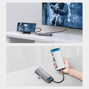Докинг станция BASEUS Metal Gleam 9в1 USB Type C към 3x USB Type A 3.2 Gen.1 5Gbps / USB Type C Power Delivery 100W / VGA Full HD 60Hz / HDMI 4K 30Hz / четец за SD и Micro SD карти / RJ45 1Gbps (CAHUB-CU0G) сива - Img 19