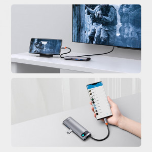 Докинг станция BASEUS Metal Gleam Series 7в1 USB Type C към USB Type C / 2x USB Type A 3.0 / USB Type C Power Delivery / HDMI / четец за SD и Micro SD карти (WKWG020113) сива - Img 20