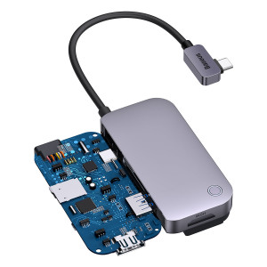 Докинг станция BASEUS PadJoy 6в1 USB Type C към HDMI 2.0 4K 30Hz / мини жак 3.5mm / USB Type A 3.0 / USB Type C Power Delivery + Data 100W / четец за SD и Micro SD карти тъмносива - Img 7