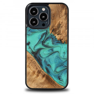 Дървен гръб BEWOOD Unique Wood and Resin - iPhone 13 Pro Тurquoise тюркоаз / черен - Img 1