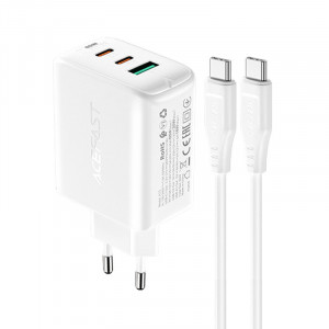 Зарядно за стена ACEFAST 2в1 65W USB Type A / 2x USB Type C PD QC3.0 AFC FCP + кабел USB Type C към USB Type C (A13) бяло - Img 1
