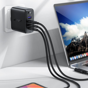 Зарядно за стена ACEFAST GaN 100W USB Type A / 3x USB Type C черен + ъглов кабел USB Type C към USB Type C 2m черно - Img 4