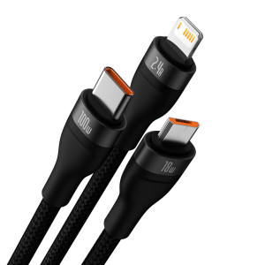 Кабел за зареждане и данни BASEUS Flash II 3in1 USB Type A към USB Type C / Lightning / micro USB с бързо зареждане 100W 1.2m черен - Img 2