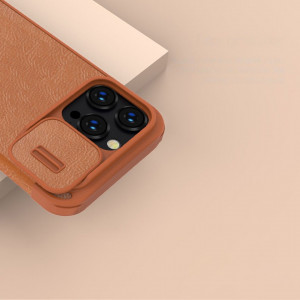 Калъф тип книга от еко кожа с подвижно покритие за камерата NILLKIN Qin Leather Pro - iPhone 14 Pro кафяв - Img 10