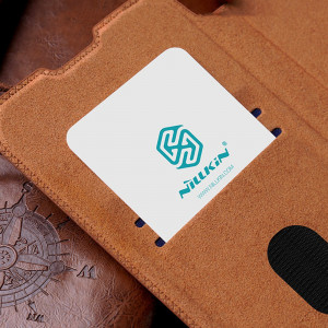 Калъф тип книга от еко кожа с подвижно покритие за камерата NILLKIN Qin Leather Pro - Samsung Galaxy S23+ кафяв - Img 12
