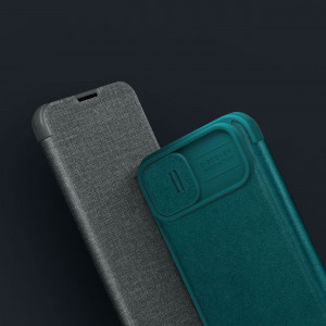 Калъф тип книга от еко кожа с подвижно покритие за камерата NILLKIN Qin Leather Pro - iPhone 14 Plus тъмнозелен - Img 14