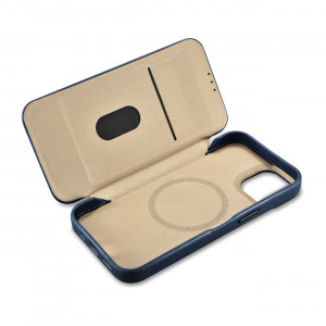 Калъф тип книга от естествена кожа iCARER CE Oil Wax Premium MagSafe - iPhone 14 син - Img 16