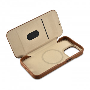 Калъф тип книга от естествена кожа iCARER CE Oil Wax Premium MagSafe - iPhone 14 Pro кафяв - Img 16