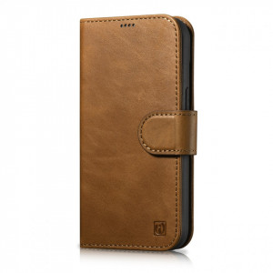 Калъф тип книга от естествена кожа iCARER Oil Wax Wallet 2в1 против кражба - iPhone 14 Pro кафяв - Img 1