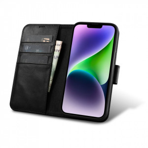 Калъф тип книга от естествена кожа iCARER Oil Wax Wallet 2в1 против кражба - iPhone 14 Plus черен - Img 2