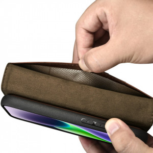 Калъф тип книга от естествена кожа iCARER Oil Wax Wallet 2в1 против кражба - iPhone 14 Plus кафяв - Img 9