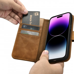 Калъф тип книга от естествена кожа iCARER Oil Wax Wallet 2в1 против кражба - iPhone 14 Pro кафяв - Img 12