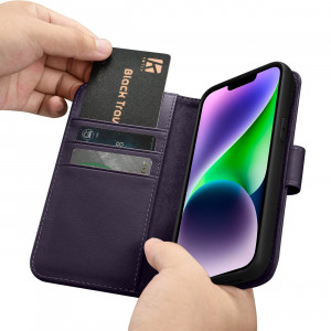 Калъф тип книга iCARER Wallet 2в1 против кражба - iPhone 14 Plus тъмнолилав - Img 16