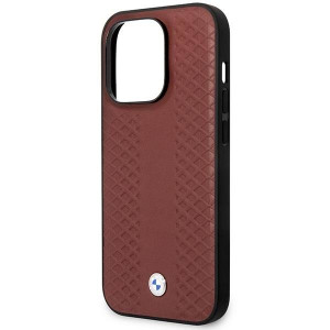 Оригинален гръб от еко кожа BMW Leather Diamond BMHCP14X22RFGR - iPhone 14 Pro Max бургундско червен - Img 6