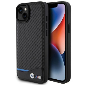 Оригинален гръб от естествена и еко кожа BMW Leather Carbon - iPhone 15 Plus черен - Img 1