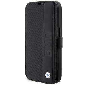 Оригинален калъф тип книга BMW Leather Textured & Stripe BMBKP14L22RDPK - iPhone 14 Pro черен - Img 1