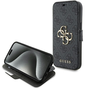 Оригинален калъф тип книга GUESS 4G Metal Logo - iPhone 13 / 14 / 15 сив - Img 1