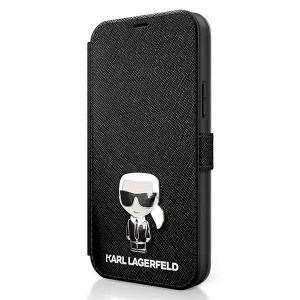 Оригинален калъф тип книга KARL LAGERFELD Saffiano Ikonik Metal KLFLBKP12SIKMSBK - iPhone 12 mini черен - Img 2