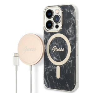 Оригинален комплект GUESS Marble (гръб + зарядно) MagSafe GUBPP14XHMEACSK - iPhone 14 Pro Max черен - Img 1