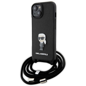 Оригинален твърд гръб с презрамка KARL LAGERFELD Saffiano Monogram Metal Pin Karl & Choupette - iPhone 15 черен - Img 1