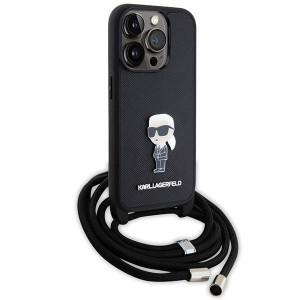 Оригинален твърд гръб с презрамка KARL LAGERFELD Saffiano Monogram Metal Pin Karl & Choupette - iPhone 15 Pro черен - Img 3