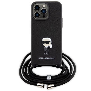 Оригинален твърд гръб с презрамка KARL LAGERFELD Saffiano Monogram Metal Pin Karl & Choupette - iPhone 15 Pro Max черен - Img 2