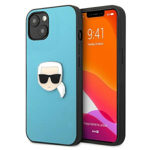 Оригинален твърд гръб KARL LAGERFELD Leather Ikonik Karl's Head Metal KLHCP13SPKMB - iPhone 13 mini син - Img 1