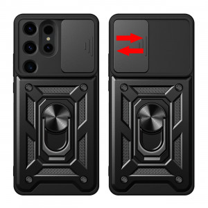 Подсилен гръб Hybrid Armor Camshield с подвижно покритие за камерата и стойка - Samsung Galaxy S24 Ultra черен - Img 3