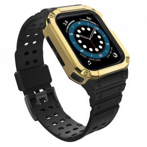 Подсилен калъф за корпус с каишка Protect - Apple Watch 45mm Series 9 / 45mm Series 8 / 45mm Series 7 / 44mm SЕ (2nd gen) / 44mm SE / 44mm Series 6 / 44mm Series 5 / 44mm Series 4 / 42mm Series 3 / 42mm Series 2 черен / златист - Img 1